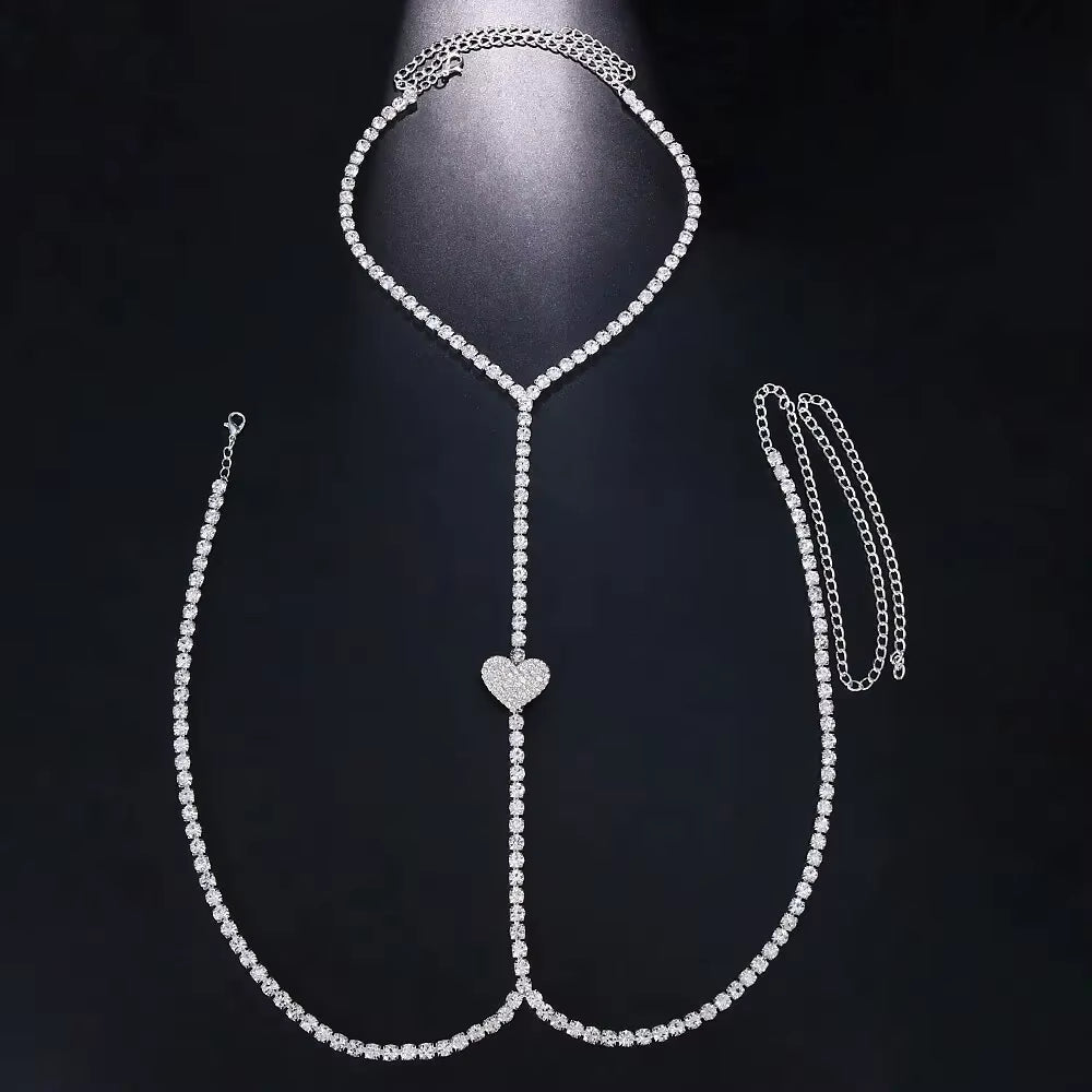 Fashion Rhinestone Heart Chest Chain Necklace Outfit for Women 2023 Sexy Jewelry Crystal Bikini Body Chain Club Accessories